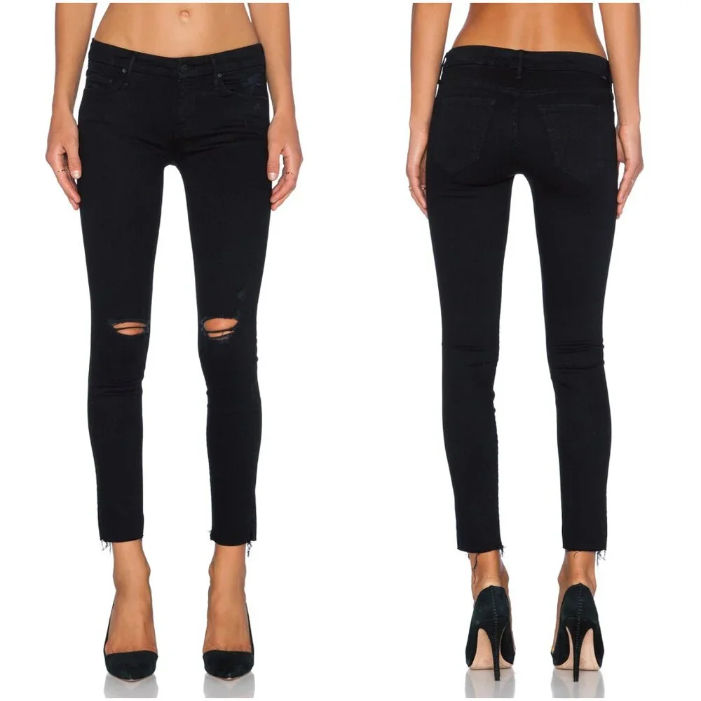NWT Mother The Looker Ankle Fray Guilty As Sin Distressed Black Skinny Jeans 24